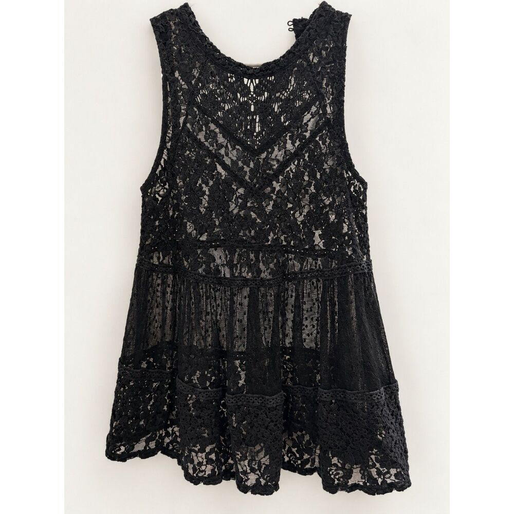 Free People Black Lace Sheer Sleeveless Tunic Tank Top Size M